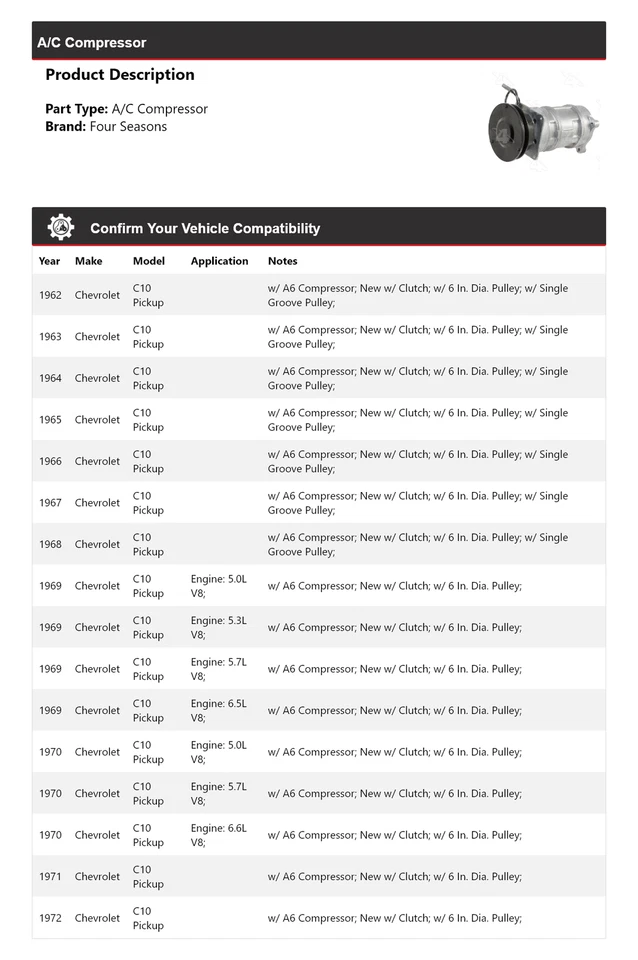 Para 1962-1972 Chevrolet C10 Pickup A/C Compressor 4 Estações 1963 1964 1965 1966 - Imagem 2 de 4