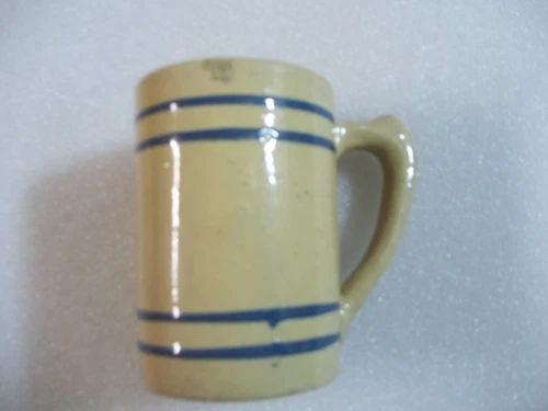 Buckeye 100% Pure Root Beer Yellow Ware Pottery Mug Tan, Cobalt Blue Stripes