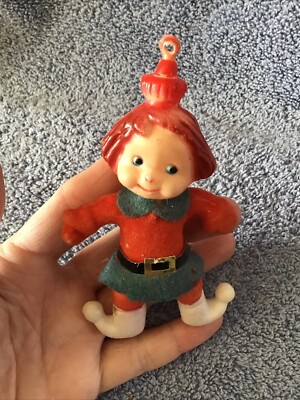 Vtg Felt Elf Ornament GIRL  Pixie Plastic Red Green Skirt Head Turns Estate Find