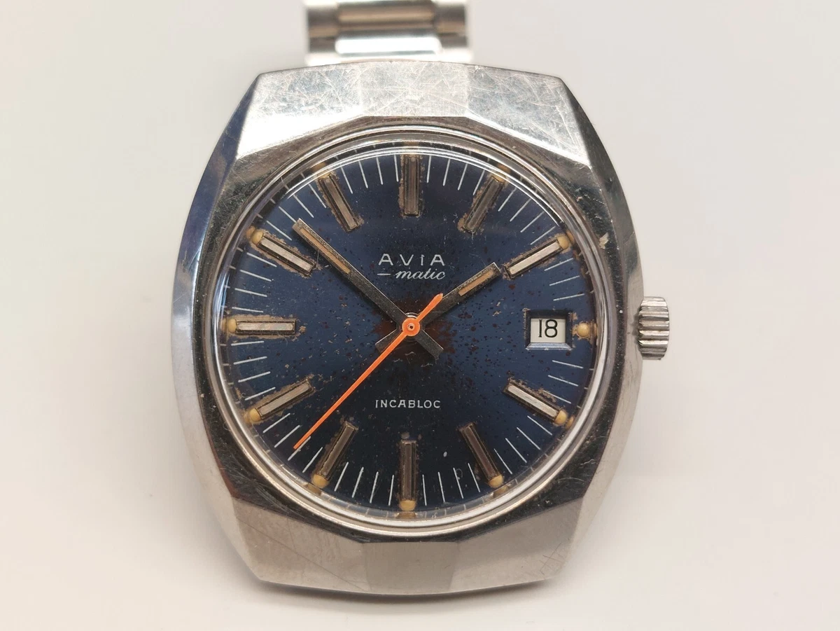 Montre Vintage Avia Matic 21 Rubis - Boîtier Acier Argenté, Cadran Bleu, Automatique - Neuf Avec Étiquettes