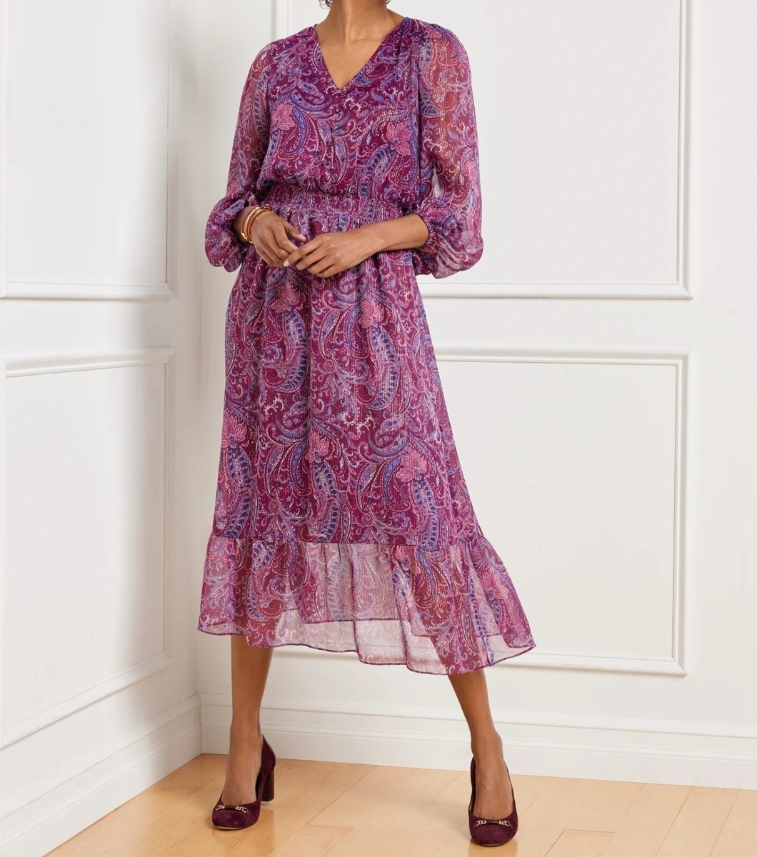 talbots purple dress Talbots Purple Satin Fit and Flare Paisley Metallic Threading Dress Womens  16