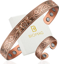 Pure Copper Magnetic Flat Bracelet  Ring Set Arthritis Therapy Men Women Cuff