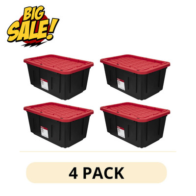 4 Pack Hyper Tough 27 Gallon Storage Bin Black Red Snap Lid Heavy Duty Tote