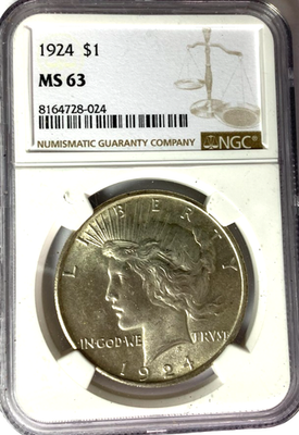 1924年PEACE DOLLARアメリカNGCMS63　8668980-032 1924 $1 Peace Silver One Dollar US NGC MS63 Uncirculated