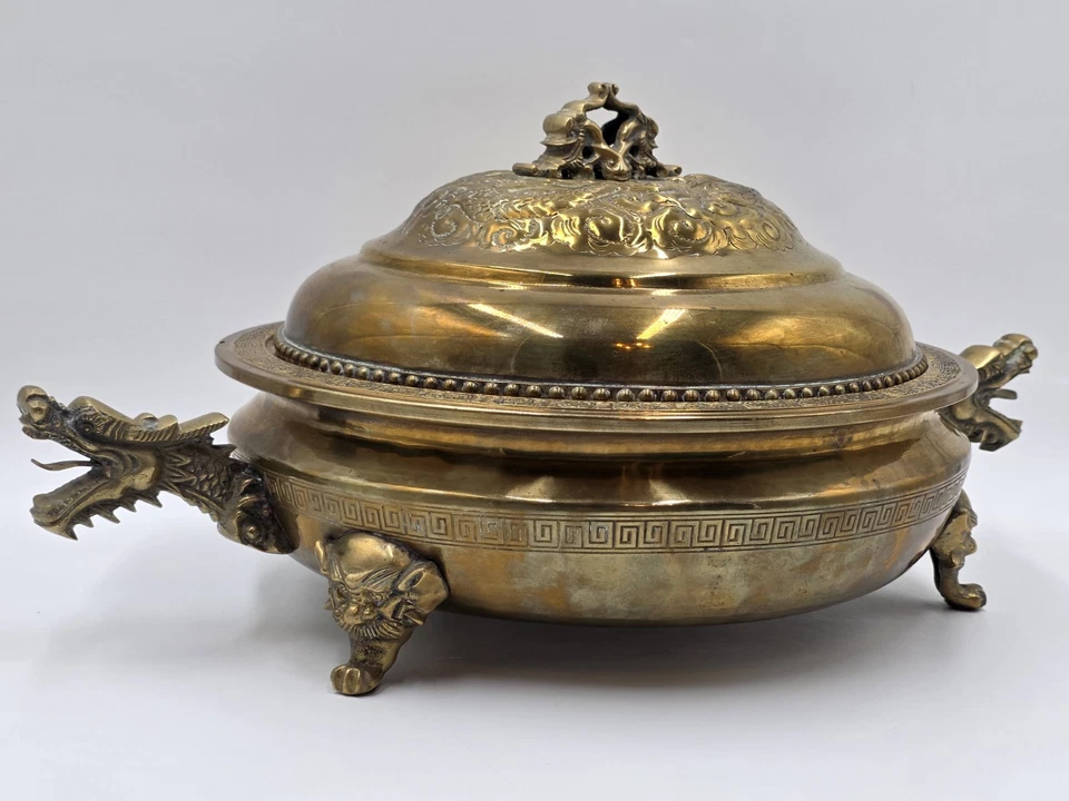 Antique Chinese Brass Dragon Handle Lidded Tureen Qing Hot Pot with Foo Dog Lid - Image 3 of 4