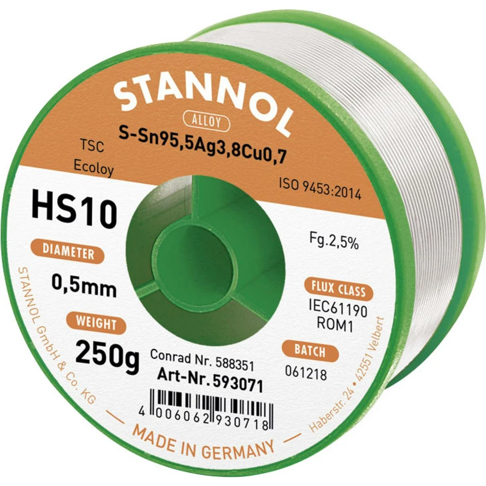 Stannol HS10 2510 Lötzinn bleifrei Spule Sn95,5Ag3,8Cu0,7 ROM1 250 g 0.5 mm