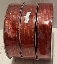 lot of 3 new rolls wired edge ribbon 1.5  x 90  red glitter striped Christmas