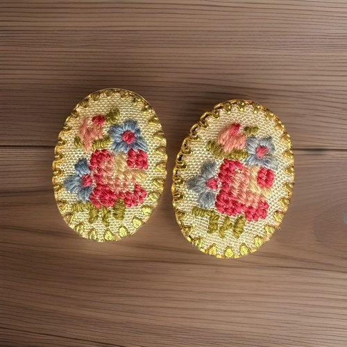 Vintage Needlepoint Earrings Cross Stitch Clip On Floral