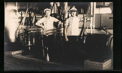 Two Young Factory Workers On Their Machine, Postcard 