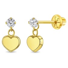 14k Gold Dangle Heart Kids / Children's / Girls Earrings Safety Screw Back