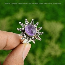 African Amethyst Stone Sterling Silver Ethnic Promise Flower Sister Ring Jewelry