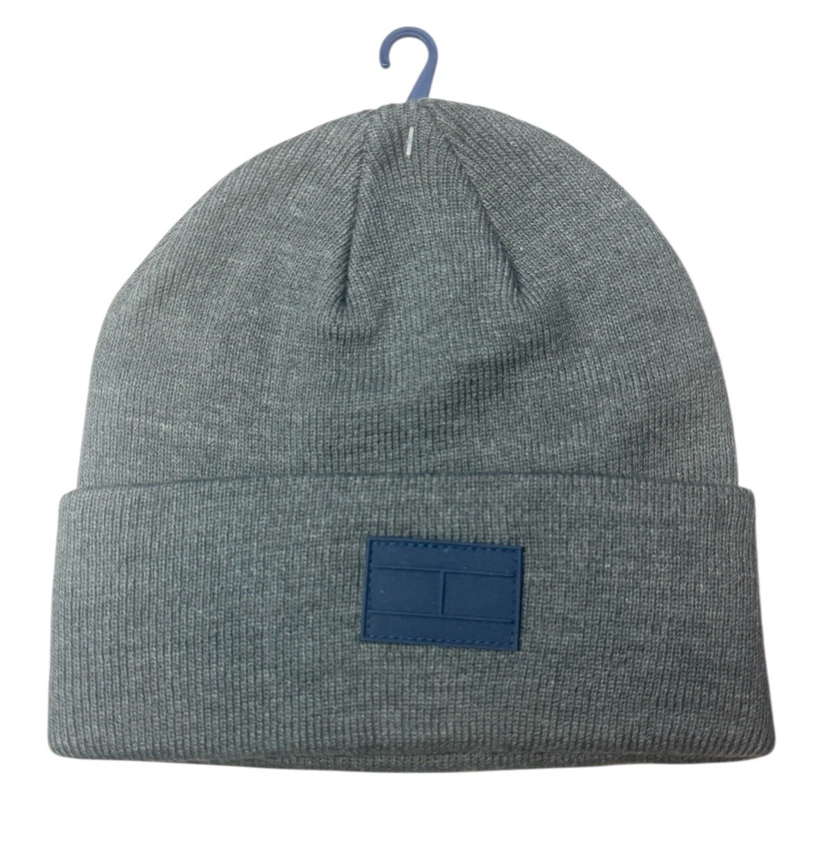 TOMMY HILFIGER Mens Knit Hat Beanie Acrylic Grey w Black Logo Winter One Size