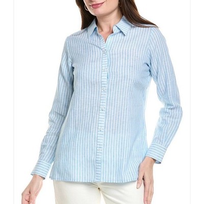Foxcroft NYC Blue White Striped 100% Linen Button Down Shirt Plus Size 18W