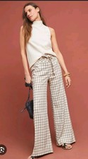 ANTHROPOLOGIE Women  s Size 6 Windowpane High Rise Wide Leg Trouser Pants Ivory