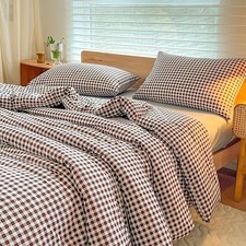 Queen Comforter Set, Mocha Gingham Bedding Comforter Sets, Dark Brown Grid Be...