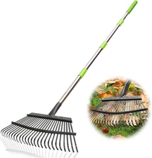 Adjustable 65" Metal Leaf Rake, 18" Wide with 25 Tines for Lawn Cleanup