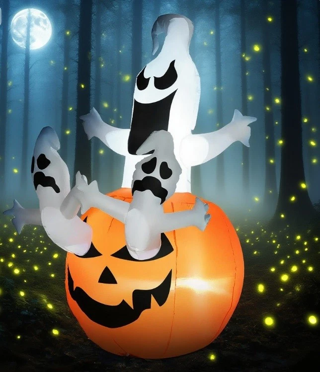 Decoración de Halloween Inflables Blanco Jack-O-Lantern Fantasma en Calabaza, LED Incorporados Foto 3 de 4