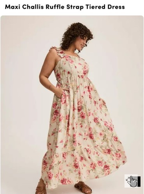 #ad Torrid challis Cream and Pink Floral ruffle strap Maxi Dress size 4 NWOT $36.00