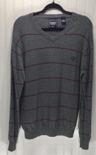 CHAPS Cotton Cashmere Mens Size L Gray Striped V Neck Knit Sweater Lightweight 
