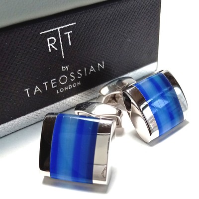 TATEOSSIAN Cufflinks Silver x Blue Blue Stripe Resin D Shape With Box F/S