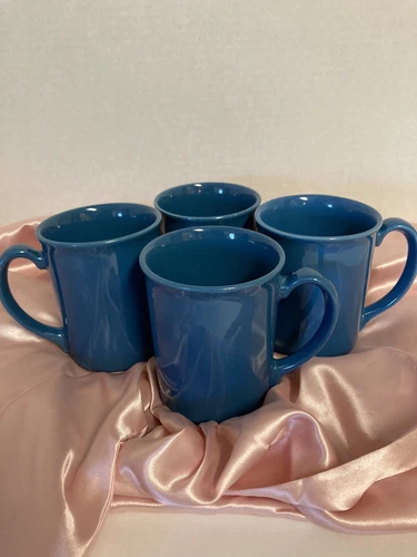 (4) Corning Ware Corelle Coffee Mugs Cups  Solid Medium Blue Country - Tiny Chip