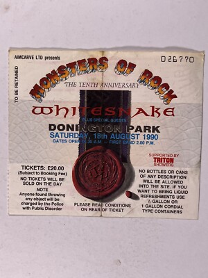 Whitesnake Ticket David Coverdale Original Monsters Of Rock 18. August 1990