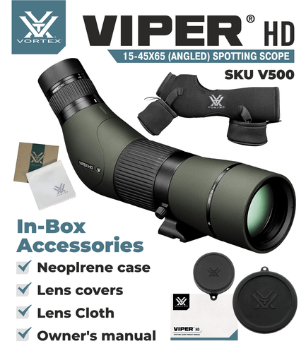 Vortex Optics Viper HD 15-45x65 Angled Spotting Scope w/CD Hat and Tripod Bundle - Picture 5 of 9