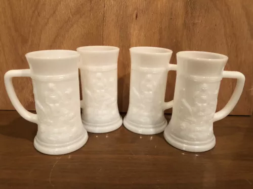 Mugs Cups White Milk Glass W/ Handles Four