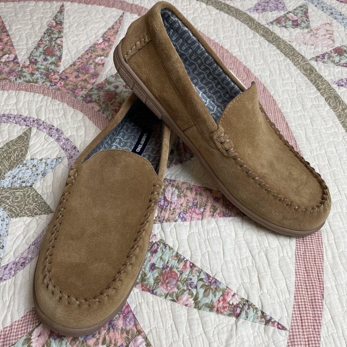 Land's End Mens Printed Flannel Lined Moccasin Slippers Tan Size
