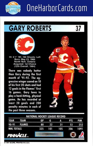 1991-92 Pinnacle Calgary Flames Hockey Card #37 Gary Roberts - Picture 2 of 2