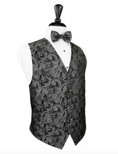 Silver Paisley Silk Tuxedo Vest and Pre Tied Bow Tie