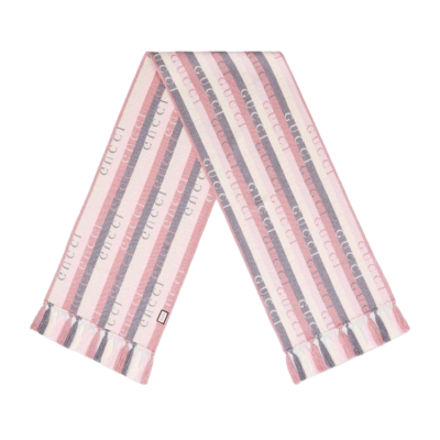 Authentic Unisex Gucci Pink Wool Cotton Wood Striped Logo Scarf
