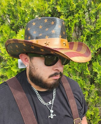 American USA Flag Star Stud Cowboy Straw Hat Cowboy American Flag Hat Stars Straw Vintage Studded Western  main image 4