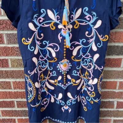 Skies are Blue Navy Blue Floral Embroidered V Neck Short Sleeve Linen Dress | eBay Skies are Blue Navy Blue Floral Embroidered V Neck Short Sleeve Linen Dress | eBay