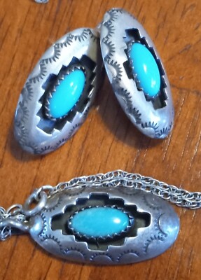 Navajo Shadowbox Turquoise Earrings/Necklace Set First American Traders Hallmark