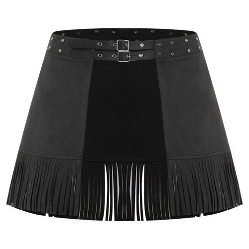 Minifalda para mujer imitación gamuza borla remaches frente abierto flecos falda ropa de club nocturno - Imagen 13 de 21