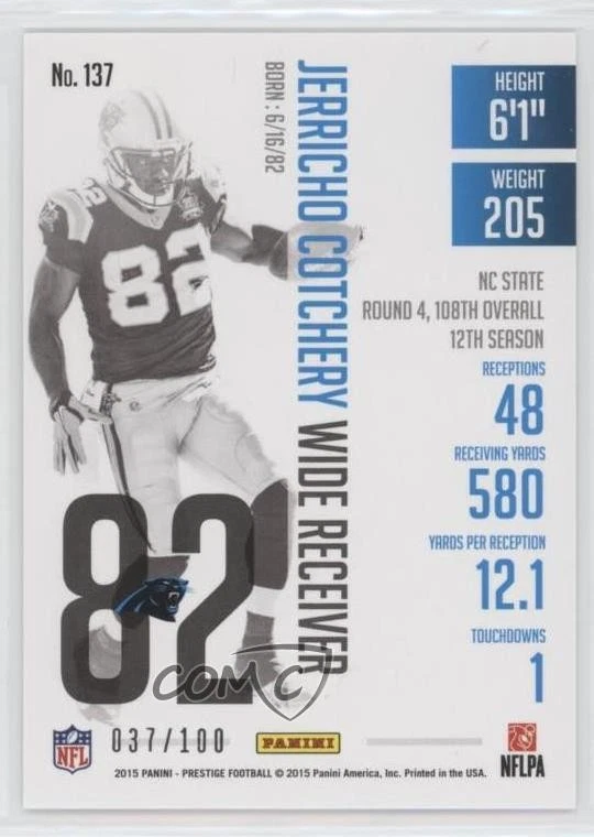 2015 Panini Prestige Extra Points Purple /100 Jerricho Cotchery #137 - Image 2 of 2