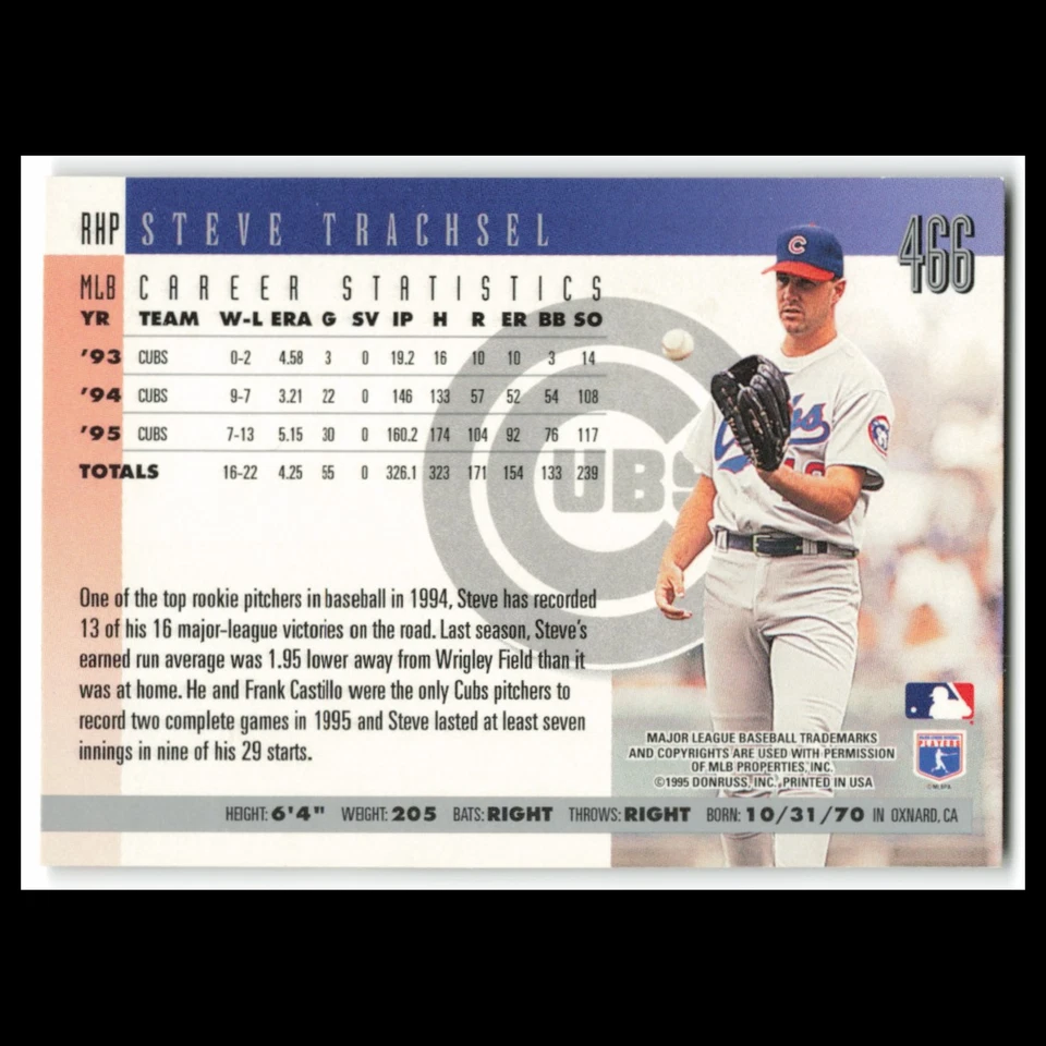Steve Trachsel #466 1996 Donruss Chicago Cubs Baseball Card MLB NM - Image 2 of 3