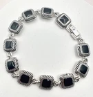 Vintage 90s Silver Tone Black Glass Square Link Bracelet Boho Fashion Jewelry