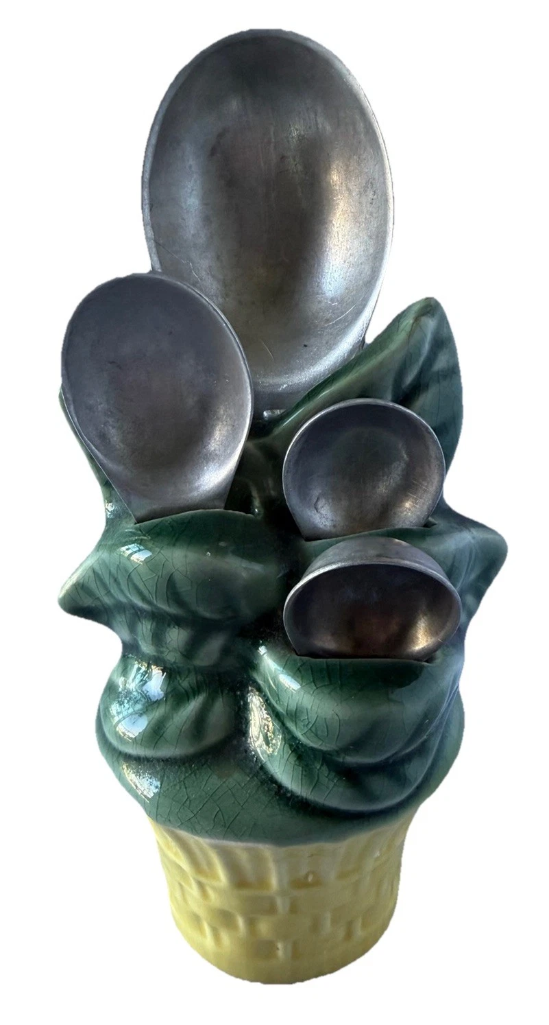 Vintage Shawnee Pottery Measuring Spoon Holder Green Leaves Yellow Basket