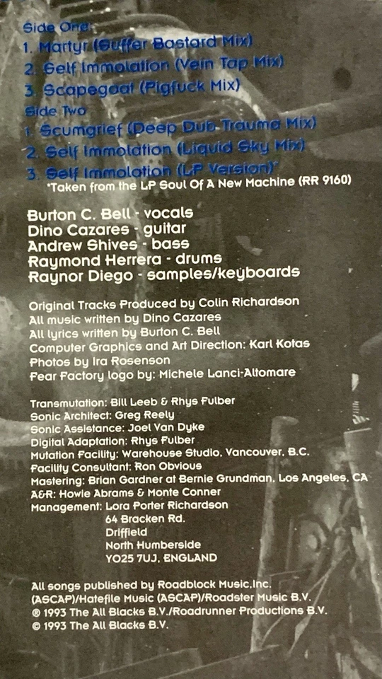 Rare Fear Factory Fear Is The Mindkiller 12” German Import Vinyl 1993 Roadrunner Foto 3 de 4