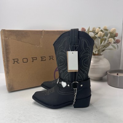 Roper Dale Faux Leather Snip Toe Heart Harness Western Boots Black Kids 10 NWB