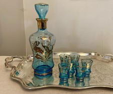 Vintage Bohemian Blue & Gold Glass Decanter & 6 Liquor Glasses Set