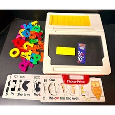 1972 Fisher Price School Days Portable Play Desk 10 cards 26 magnetic letters