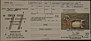 1977 Mississippi State Waterfowl Stamp Hunting License Type 23  Vintage