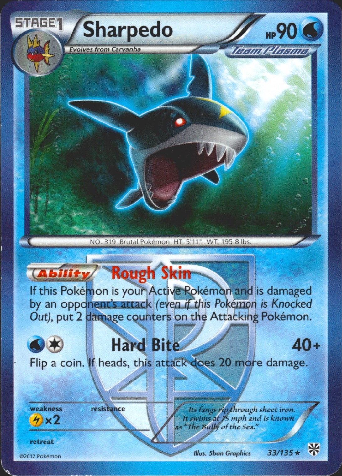 Sharpedo (Team Plasma) 33/135 Rare Plasma Storm Lightly Played Pokémon Card