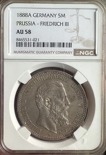 Germany Prussia 5 Marks 1888 A, NGC AU58
