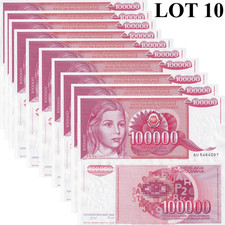 Yugoslavia 100000 Dinara 1989 P 97 UNC 1/10 Bundle Lot 10 pcs NR No Reserve