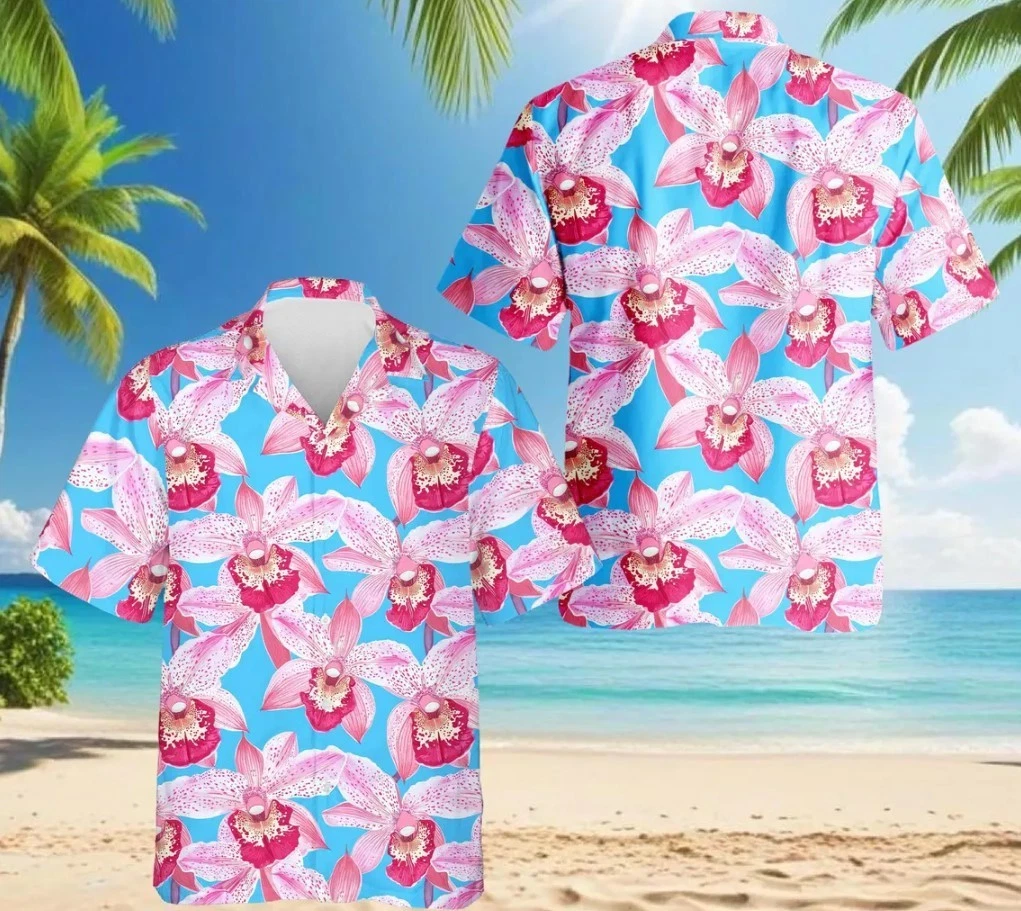 Pink Orchid Hawaiian Shirt, Tropical Orchid Aloha Shirt, Blue Floral Summer Butt