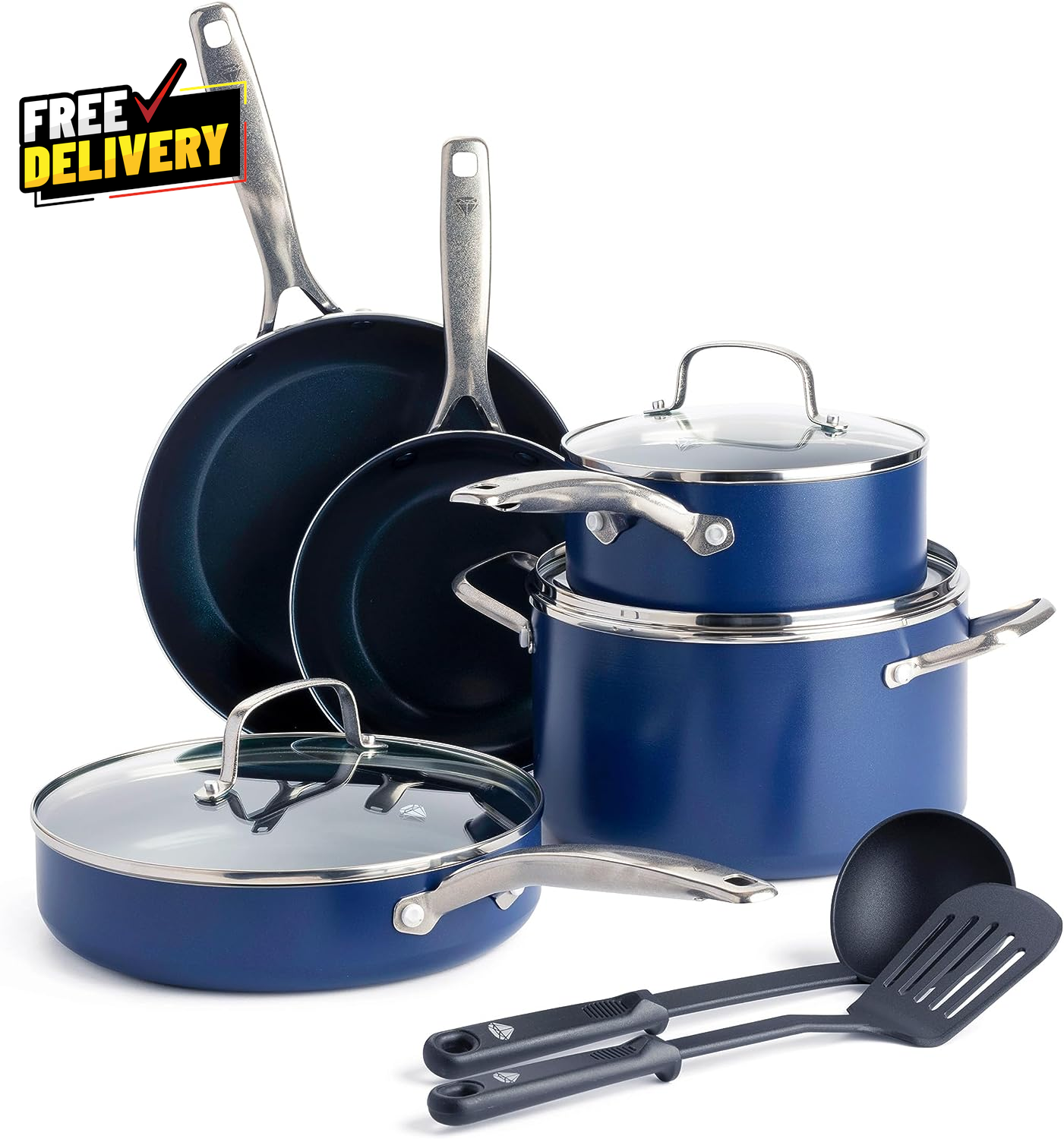 10pc Nonstick Cookware Set Diamond Ceramic Pots & Pans PFAS-Free Oven 600F Blue